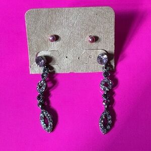 2 Pair Bundle: Dainty Pink Studs & Dangle Rhinestone Earrings Set